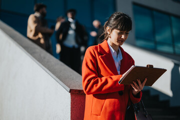 Confident young professionals discussing business matters outdoors, emphasizing teamwork and collaboration in a corporate environment. A focused individual in the foreground highlights leadership and
