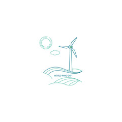 World wind day vector with turbine, tree, bird, human's silhouette and smooth background 