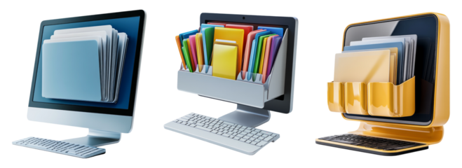 Computer Monitor with Files and Folders on Transparent Background