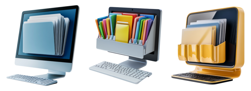 Computer Monitor with Files and Folders on Transparent Background - Powered by Adobe