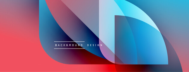 Abstract fluid shapes overlap, creating vibrant color gradients. Red, blue, purple hues blend seamlessly. Modern design element.