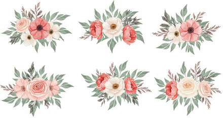 Six watercolor floral arrangements roses and anemones