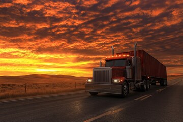 Majestic Sunset Highway: A Big Rig's Journey Across the Golden Plains