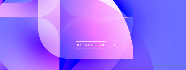 Abstract geometric shapes overlap, creating vibrant purple, pink, blue gradients. Modern design elements suggest digital art, fluid motion.