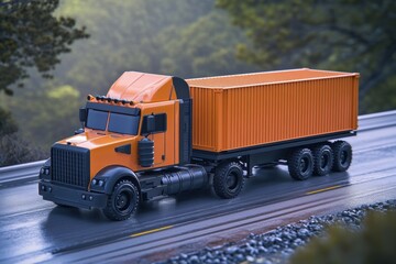 Orange Semi Truck on a Wet Road,  Driving Through a Lush Green Forest