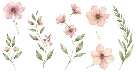 Watercolor pink flower and greenery collection
