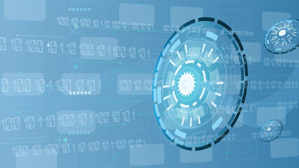 High tech digital interface background featuring binary code gears and circular elements in blue tones