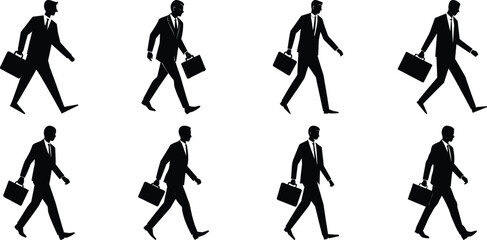 Businessperson walking silhouette set. Bundle of business figure vector on transparent background