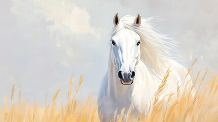 Majestic white horse in golden wheat field under a cloudy sky