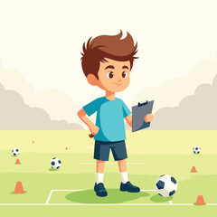 Fototapeta premium Young boy coaching soccer team on sports field, teamwork and guidance
