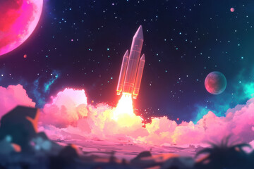 Futuristic rocket launch under starry sky with colorful cosmic landscape