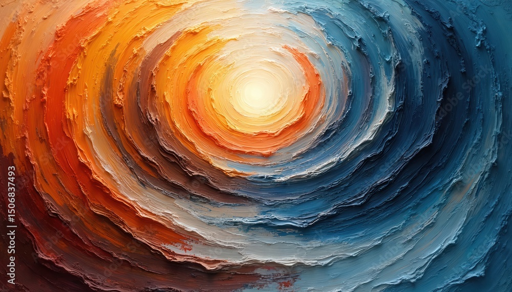 Poster Abstract illustration swirling canvas with multicolored layers. Painting depicts gradient palette in swirl style. Orange, yellow, blue and white colors blend with rough brush stroke texture.