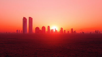 Obraz premium Futuristic city skyline at sunset, featuring tall buildings and vibrant orange sky, evokes sense of wonder and exploration
