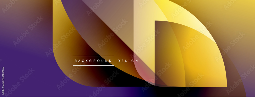 Poster abstract geometric shapes blend purple, gold hues. modern design features layered forms, gradient ef