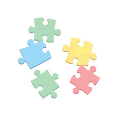 Colorful puzzle pieces scattered on white surface, playful curiosity