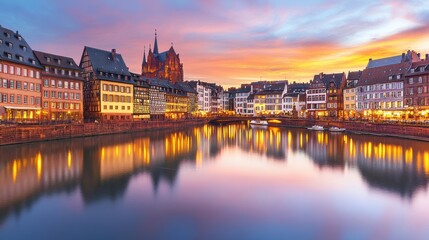 Fototapeta premium Enchanting Sunset over the Ill River in Colmar, Alsace France: A Picturesque View of Historic Buildings and Serene Reflections