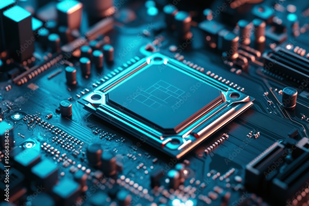 Poster closeup of advanced microprocessor on motherboard circuit board, high-tech digital technology and in
