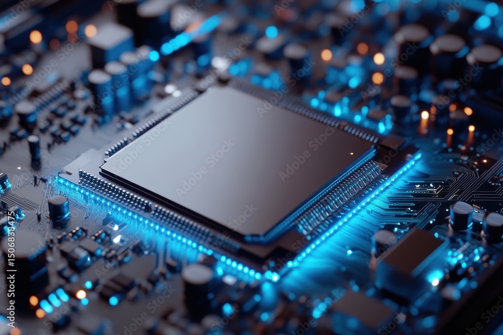 Poster closeup of a modern computer microchip circuit board with glowing blue led lights highlighting advan