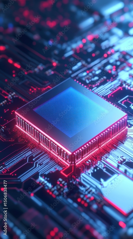 Poster high-tech microchip closeup: futuristic circuit board design with glowing red and blue elements