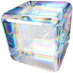 3D Glass dispersion abstract cube element. Reflecton shape on transparent background. Realistic graphic glare and transparency effect