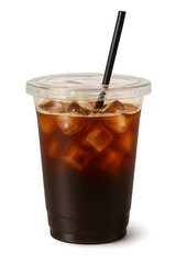 Iced Americano Coffee in Plastic Cup with Lid and Straw Isolated and transparent background png format