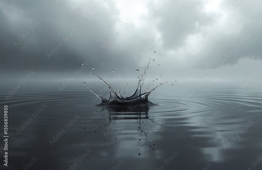 Poster dramatic image features water splash in the center of a dark lake. cloudy sky reflects in water. spl
