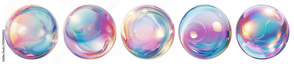 Poster png colorful iridescent soap bubbles float, element set on transparent background