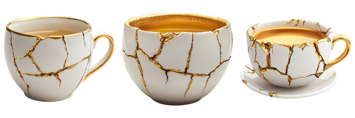 Isolated Cracked Coffee Cups with Gold Details on Transparent Background