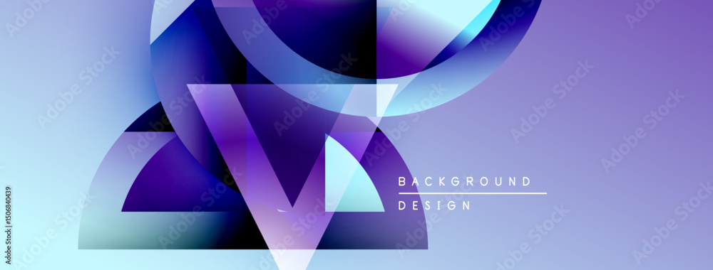 Poster abstract geometric shapes overlap, creating dynamic purple, blue gradients. modern design elements s