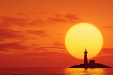 Stunning sunset behind lighthouse creates serene atmosphere with vibrant colors reflecting on water