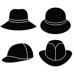 Silhouette Collection Assorted Hats Including Fedora, Cloche, Baseball Cap, and Sunhat