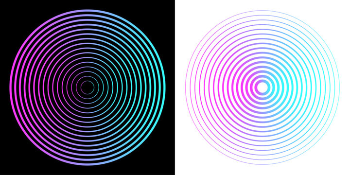 Sound wave concentric circles isolated on black and white background. Vector echo icon. Circular radial line pattern. 