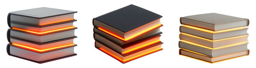 Stacked books with glowing edges on a transparent background, showcasing modern design
