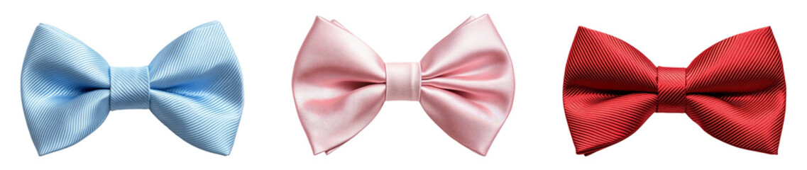 Three elegant satin bows in blue, pink, and red on a transparent background