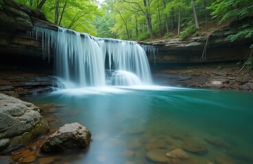 Fototapeta premium Scenic Cedar waterfall in Hocking Hills State Park Ohio. Stunning cascade flowing into turquoise pool. Rich green forest, rocky landscape. Travel, tourism, natural beauty, holidaymakers enjoying