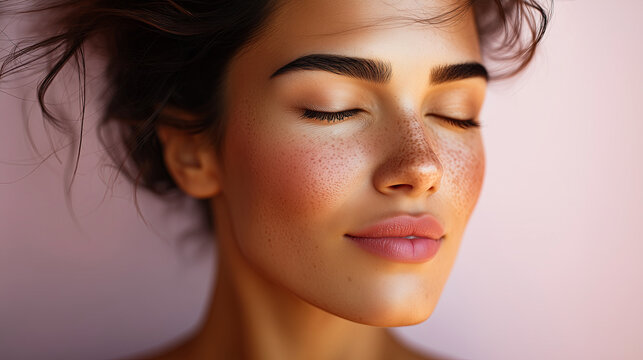 Beautiful female with radiant and healthy skin, wearing a light pink violet purpul background.