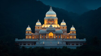 Illuminated Temple at Night with Divine Aura Surrounded by Lush Mountains
