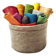 Colorful rolled fabrics in a woven basket on a transparent background