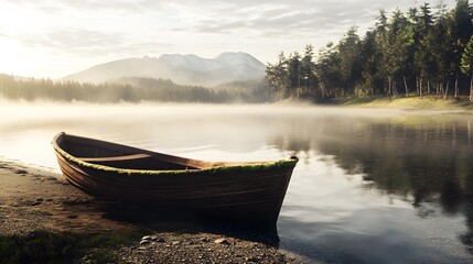 Obraz premium Serene lake scene with wooden rowboat in golden hour