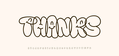Cute smiling bubble letters, thanks word. Handdrawn playful typography with cartoon faces. Perfect for kid card, sticker, poster, modern fun branding. Graffiti typographic design. Vector illustration