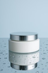A minimalistic skincare container with a sleek shiny silver lid, placed on a reflective surface with water droplets