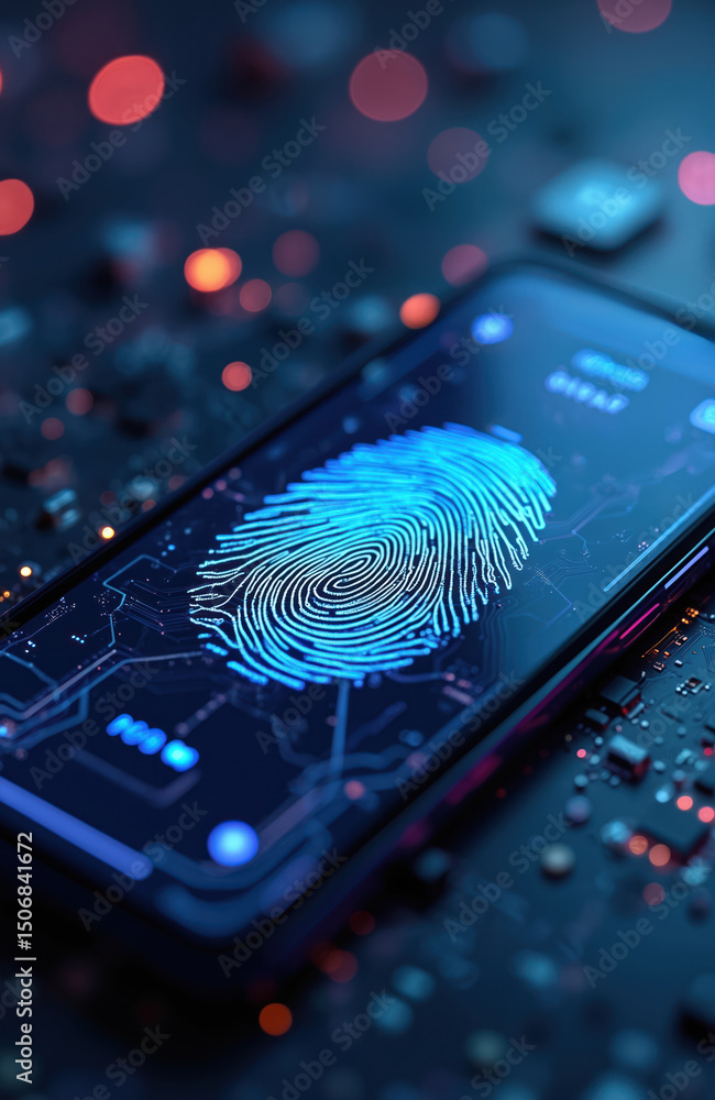 Poster Smartphone screen displays glowing fingerprint scan. Biometric security tech, digital authentication, data protection, secure access, mobile id verification. Futuristic concept, cybersecurity