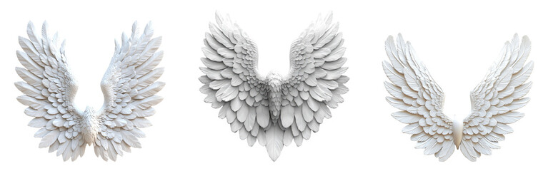 Three intricately designed white angel wings isolated on a transparent background