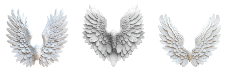 Three intricately designed white angel wings isolated on a transparent background
