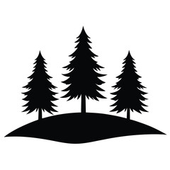 Fototapeta premium Silhouette of Three Evergreen Trees Standing on Small Hill Against White Background