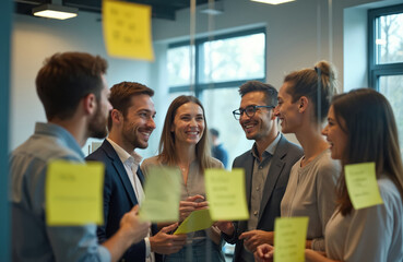 Business team brainstorming startup strategy meeting near glass wall with sticky notes. Young professionals discussing project solutions, sharing ideas. Colleagues collaborate in office environment.