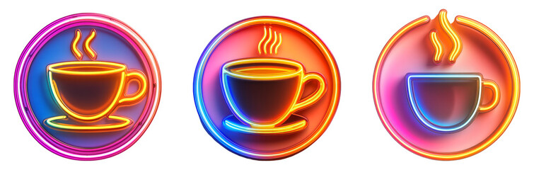 Three colorful neon coffee cup icons on a transparent background