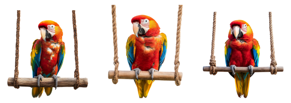 Colorful macaws perched on wooden swings, showcasing vibrant feathers