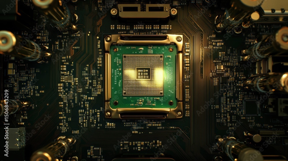 Poster high-resolution close-up of a modern computer motherboard cpu processor with gold accents
