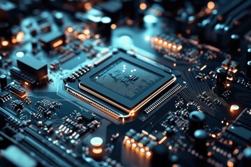 Obraz premium Closeup of a Modern Computer Motherboard with Central Processing Unit Illuminated